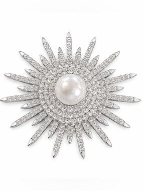 New Crystal Sunburst Brooch Pin w/ Faux Pearl Center Silver Tone Starburst